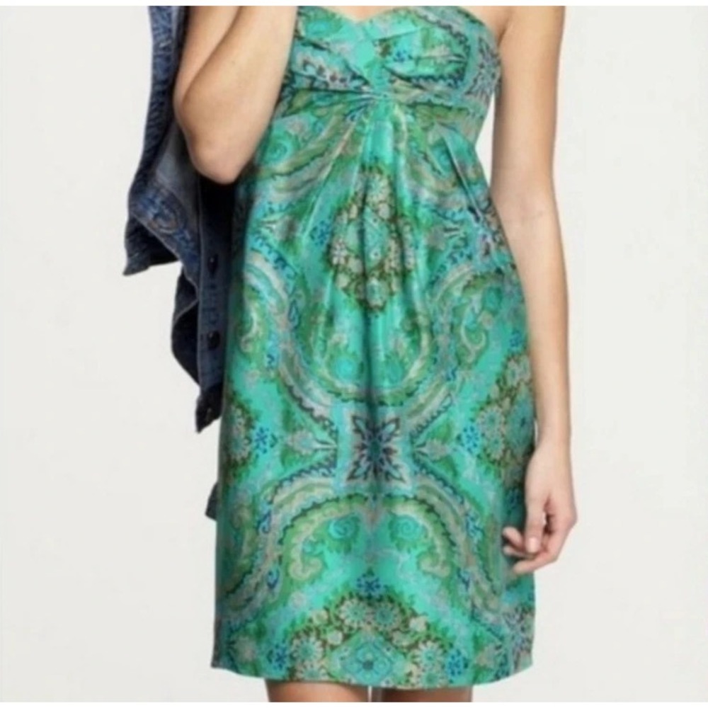J. Crew Marielle Sweetheart Neck Silk Strapless Paisley Dress 8 Forest Fairy
